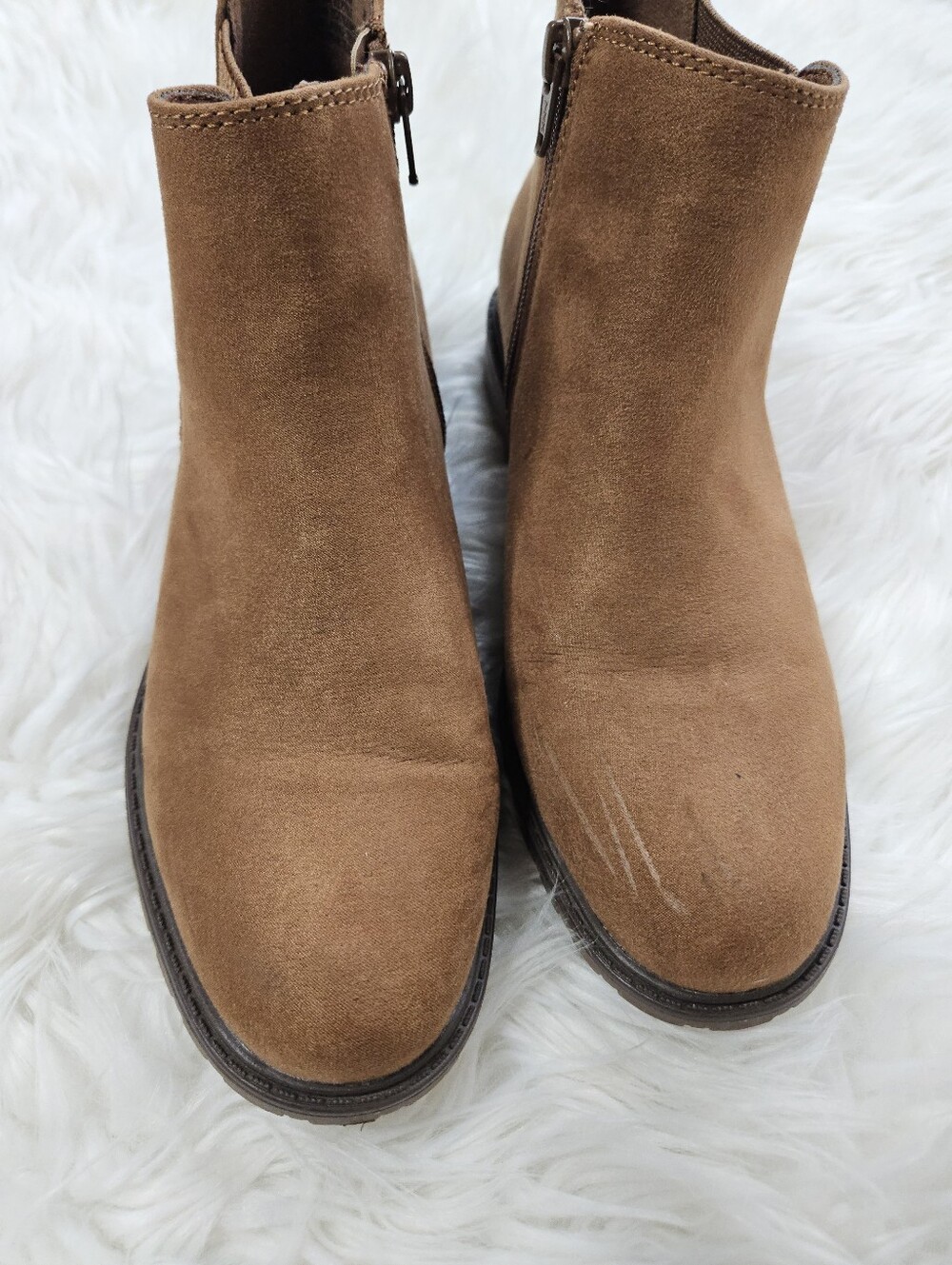 Sonoma Faux Suede Leather Ankle Boots Chelsea Cognac Orange Stacked Heel 8 Boho - Picture 2 of 8